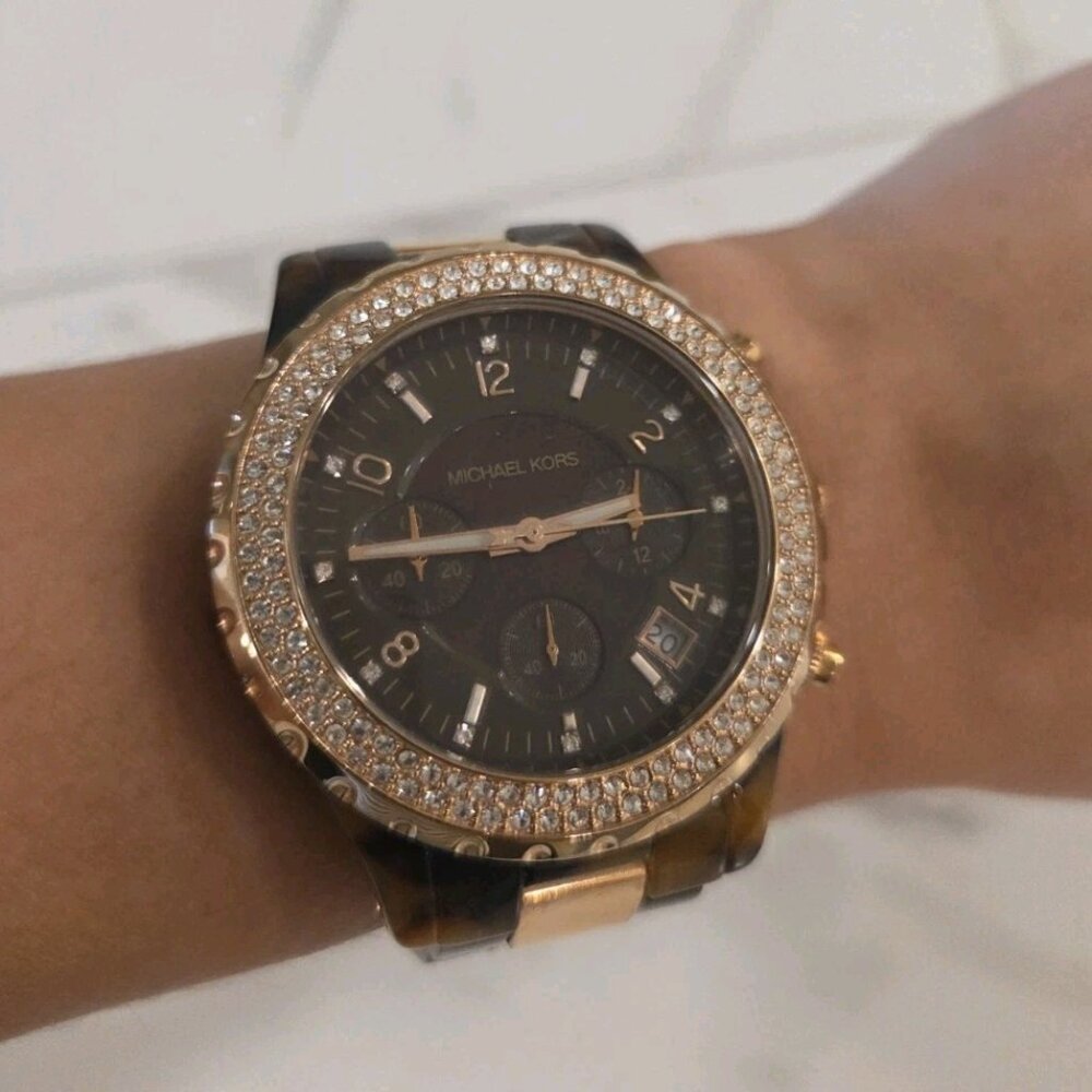 Michael Kors Women MK-5416 Rose Gold Tortoise Chronograph Quartz Watch 6"